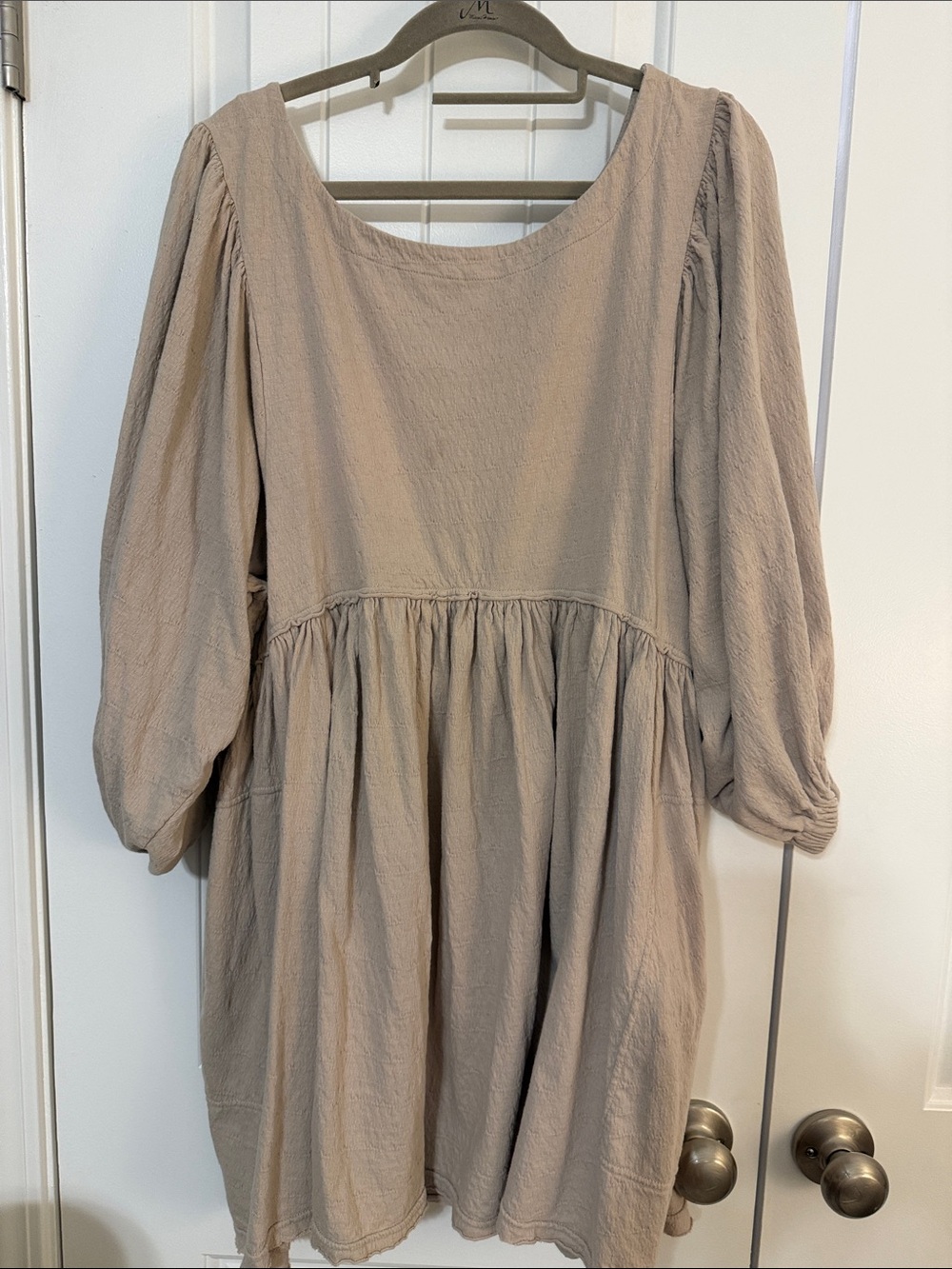 Free People Beige Puff-Sleeve Mini Babydoll Dress